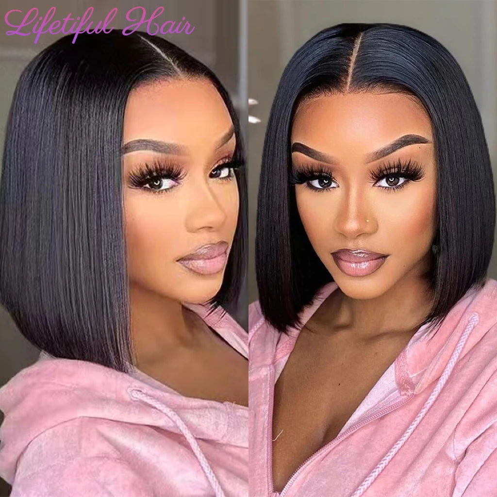 the CLEO - Glueless Bob Hair Wig, Human Hair Ready to Wear Straight Transparent 4x4 Lace Closure Wigs for Women, Glueless Wigs Human Hair