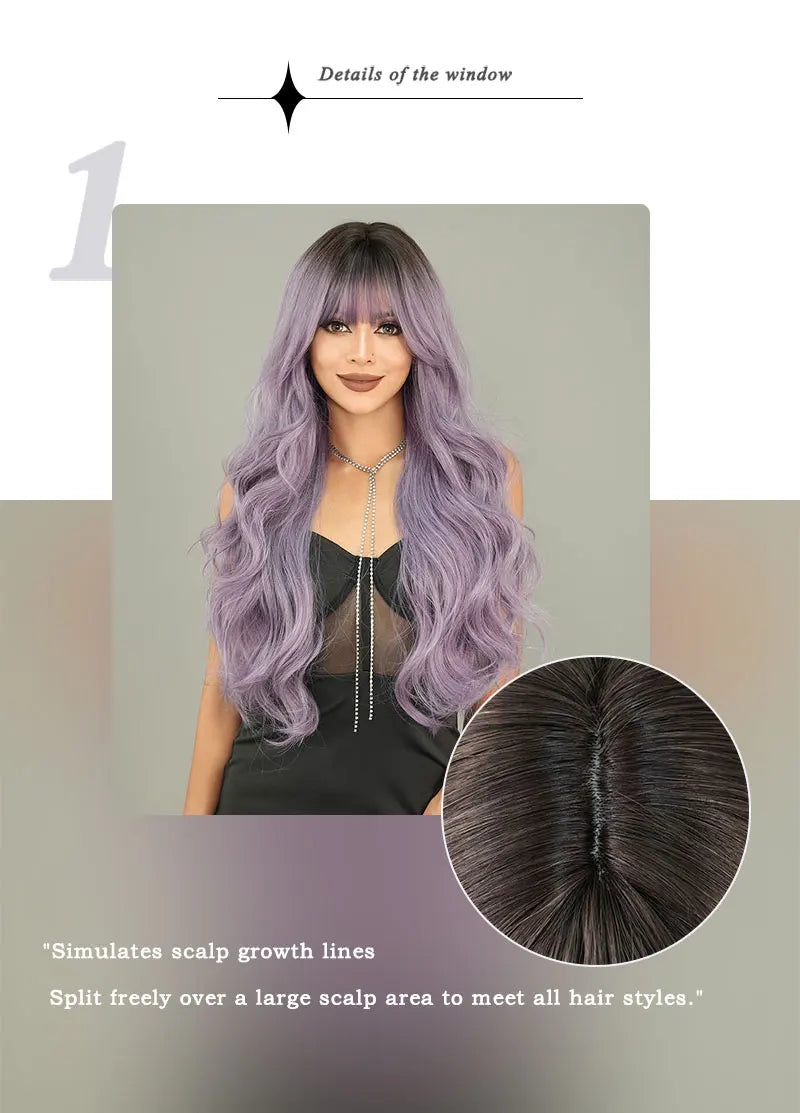 the GODDESS - Long Wavy Grey Purple Wig for Women, Cosplay Daily Party Overhead Dyeing Wavy Synthetic Heat-Resistant Wigs