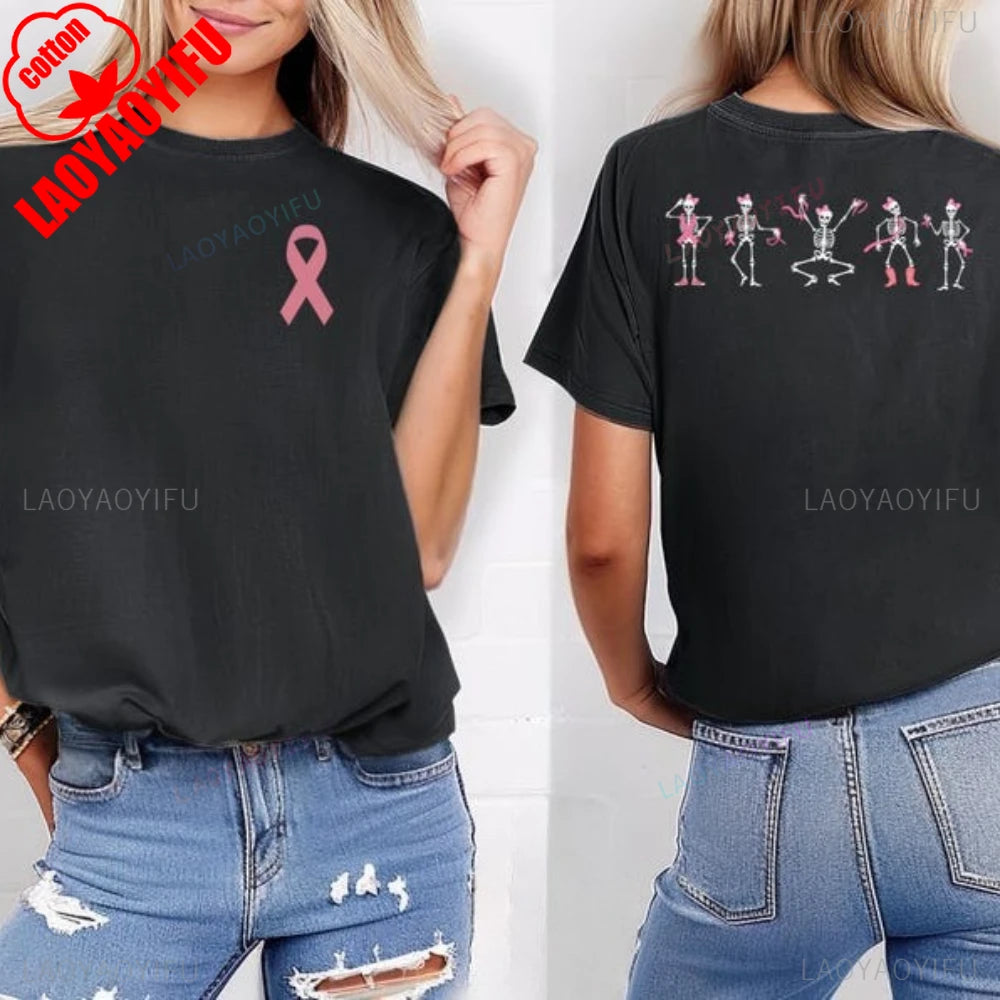 the SKELETON SUPPORT CREW - Breast Cancer Awareness Pink Ribbon Skeleton T-Shirt, Halloween Gift Dancing Bones Shirt, Women Men Unisex Comfortable Cotton Tee