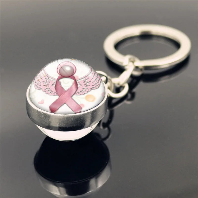 the RIBBON SPHERE - Pink Ribbon Breast Cancer Pendant Keychain