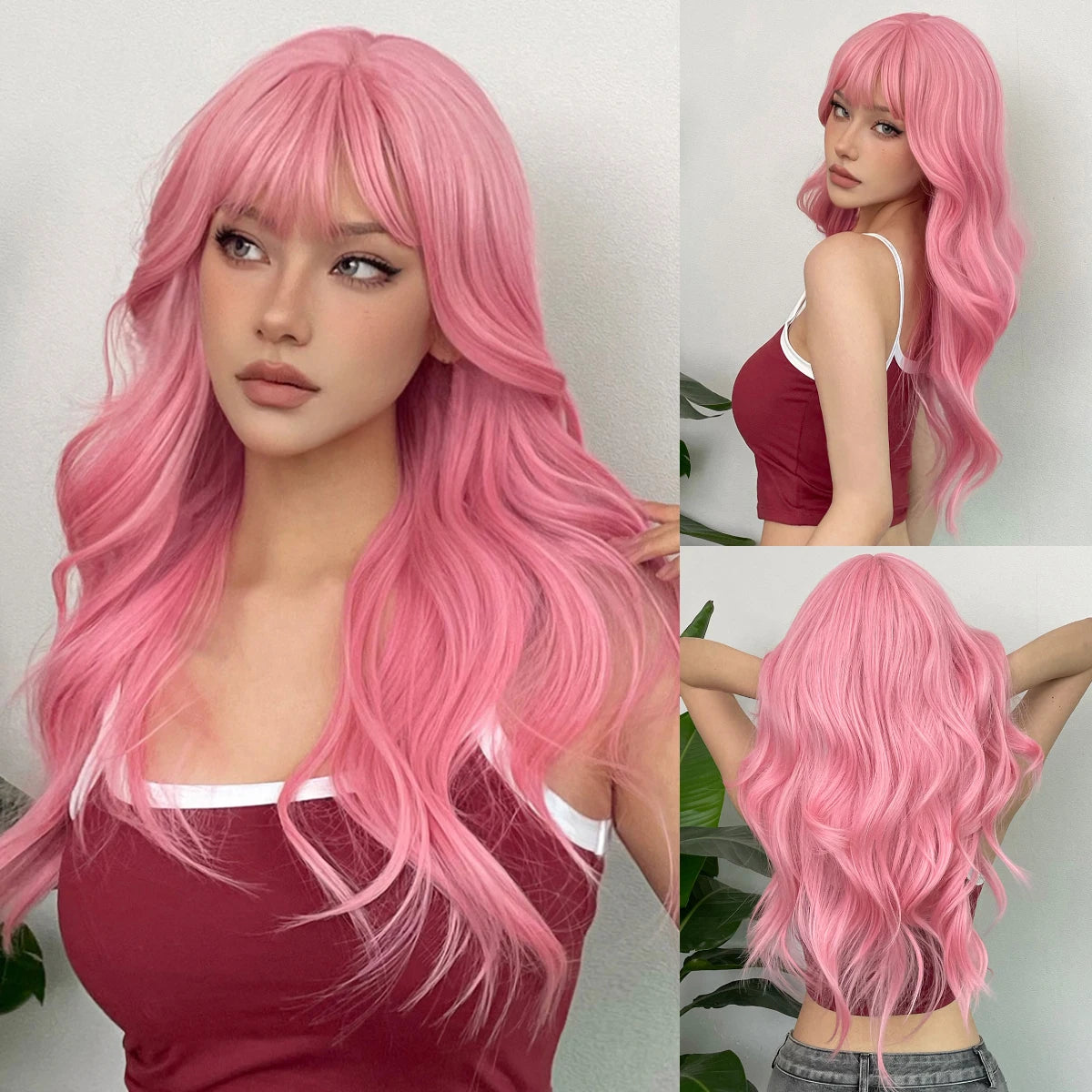 the LOLITA - Synthetic Burgundy Long Wavy Wig, Wine Red Colorful Cosplay Lolita Wigs with Bangs for Women, Natural Hair Heat Resistant