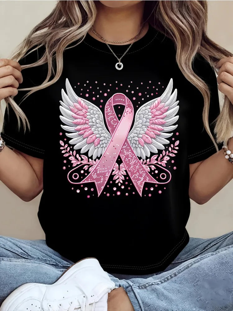 Women Breast Cancer Awareness Ribbon and Angel Wings Print T-Shirt Crew Neck Casual Top for Spring Summer and Fall Everyday Wear