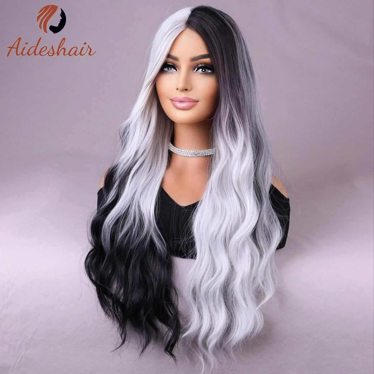 the CRUELLA - Synthetic Wig European and American Fake Hair, Celebrity Women's Double Black and White Long Rolls