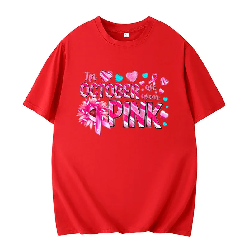 the OCTOBER PINK - In October We Wear Pink Short-Sleeved Shirts Pink Breast Cancer Awareness