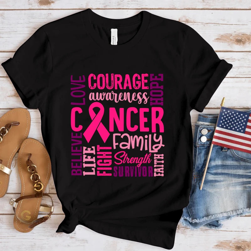 the COURAGE - Breast Cancer Awareness Cancer Letter Printed T Shirts, Women Casual Short Sleeve Summer Tops