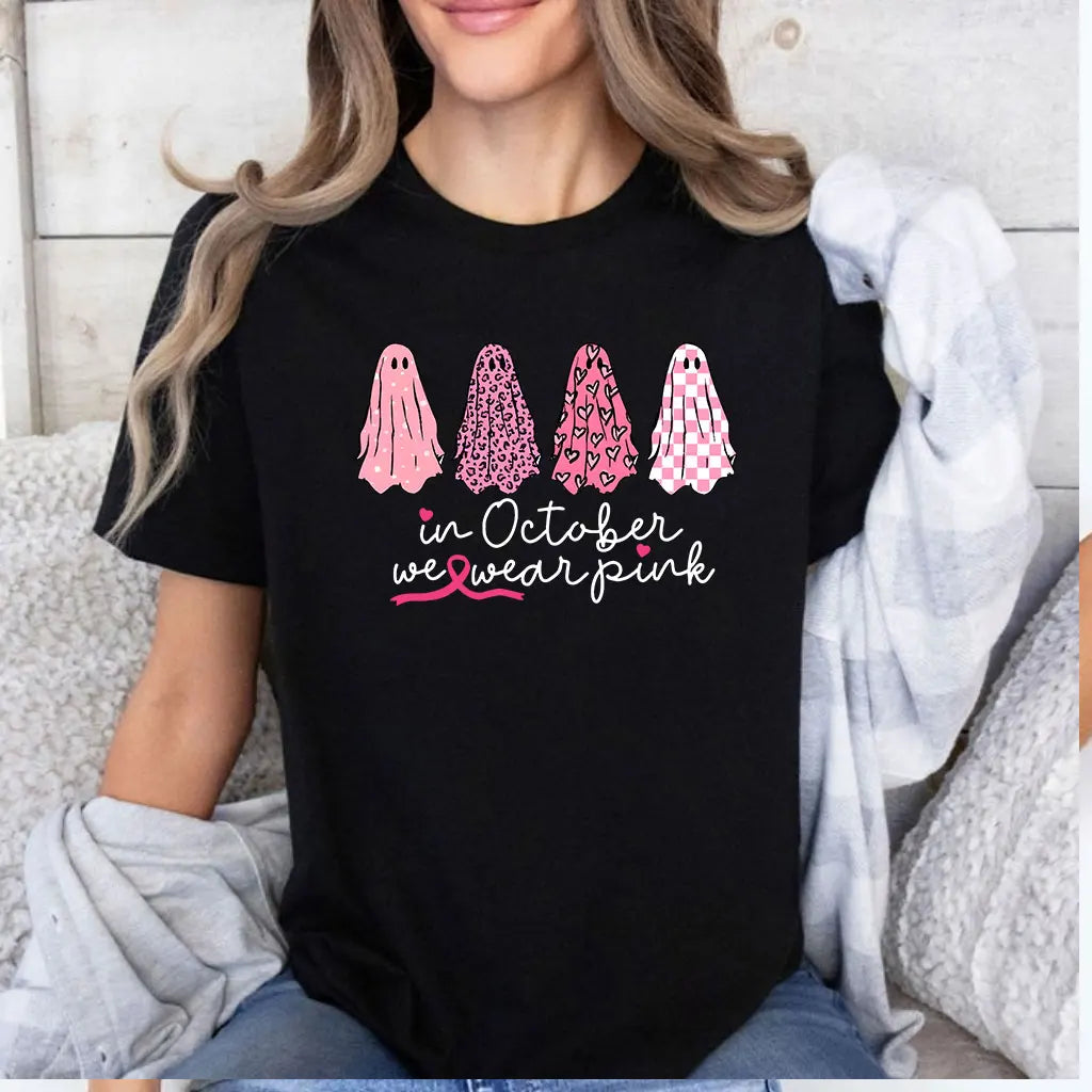 the OCTOBER COLLECTION - In October We Wear Pink Ghosts Cotton T-Shirt Breast Cancer Awareness Halloween T-Shirt Breast Cancer Support Tee