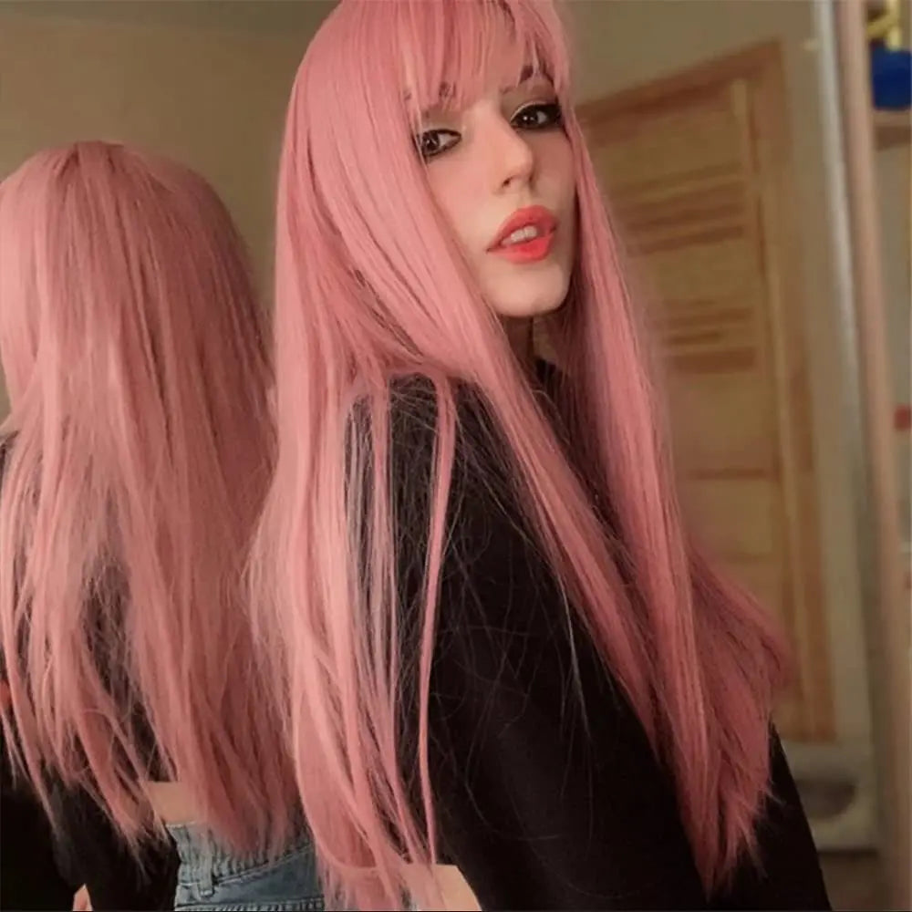 the PINK GIRL - Pink Long Straight Synthetic Wig, Air Fringe Daily Cosplay Party Heat Resistant Full Headgear
