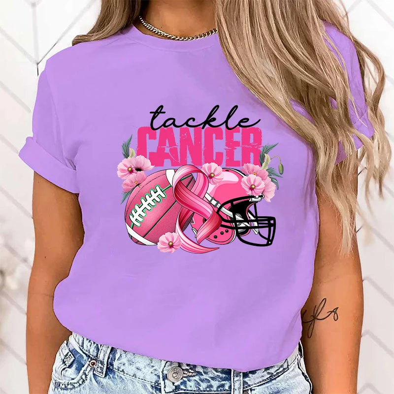 the TACKLE CANCER - Fashion Funny Breast Cancer Awareness Tackle Cancer Printed T-Shirts for Women