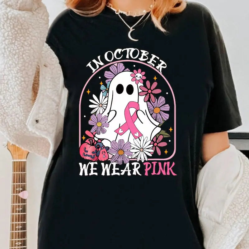 the OCTOBER COLLECTION - In October We Wear Pink Print T-Shirts Ghost Halloween Cute Pink Ghost Breast Cancer Awareness