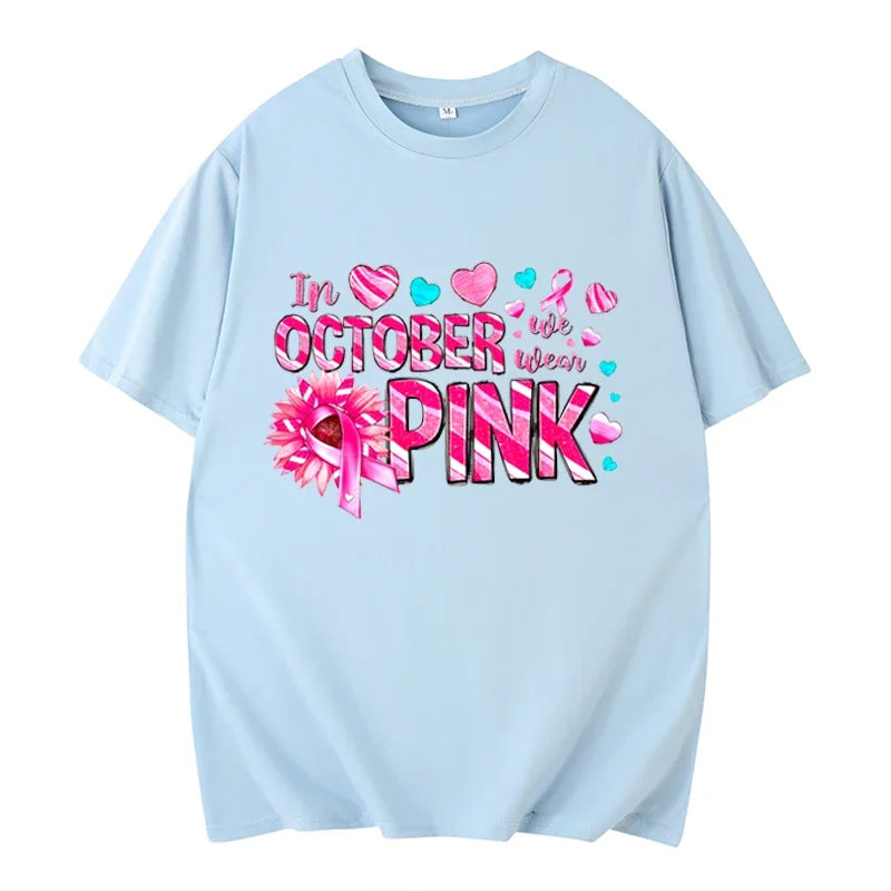 the OCTOBER PINK - In October We Wear Pink Short-Sleeved Shirts Pink Breast Cancer Awareness