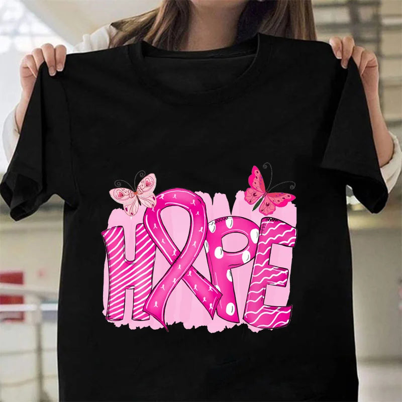 the HOPE BUTTERFLIES - Pink Breast Cancer Awareness Graphic Printed T-Shirt Breast Cancer Prevention Women's Round Neck Short Sleeve T-Shirt