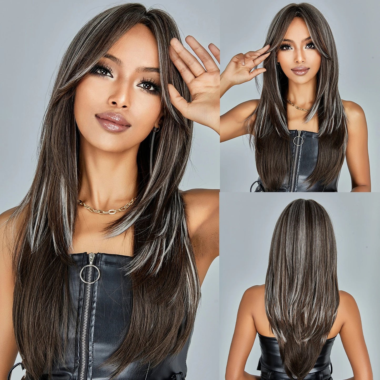 the MULAN - Shoulder Black Brown Layered Synthetic Natural Hair Wigs for Women, Straight Daily Women's Heat-Resistant Wig with Curtain Bangs