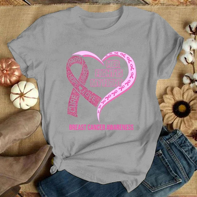 the HER FIGHT - Fashion Breast Cancer Print T-Shirt, Summer Fashion Casual T-Shirts, Short Sleeve Creative Personalized Tops