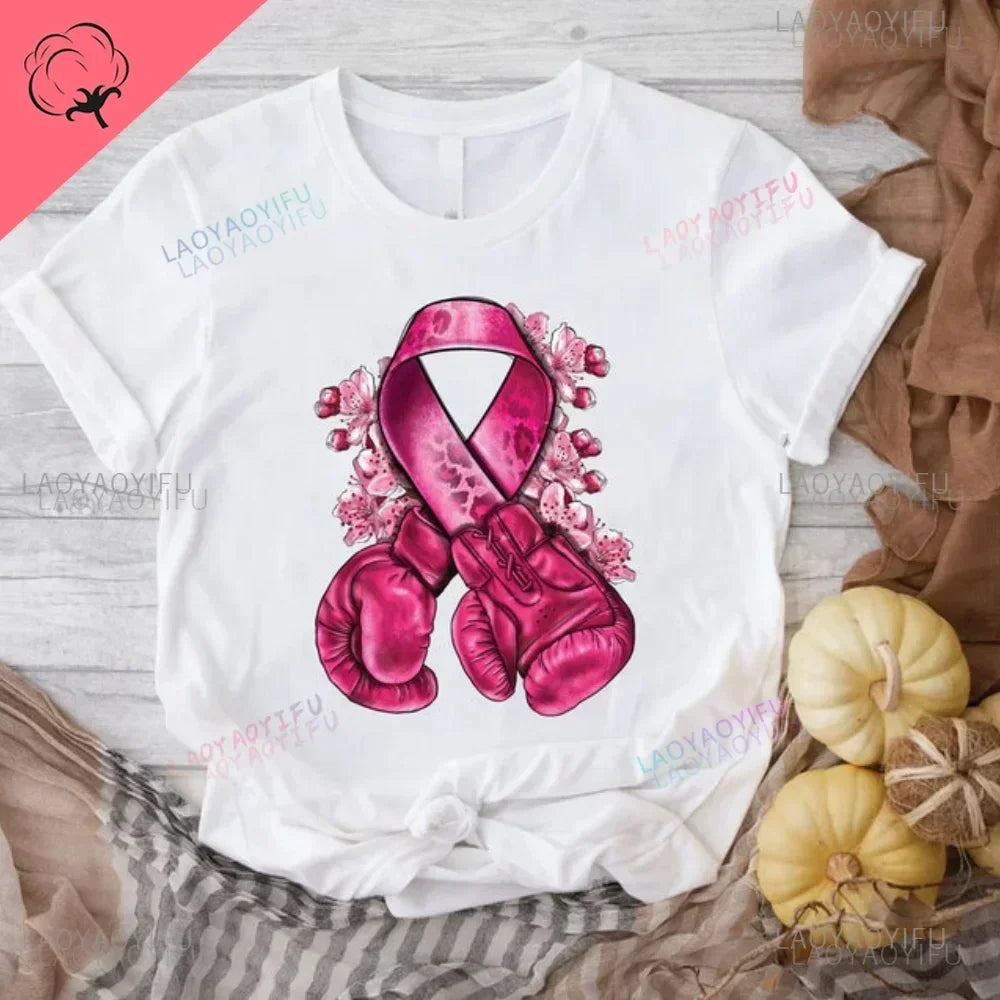 Caring for Women Breast Cancer T-shirt October Pink Ribbon Breast Cancer Awareness Themed Printed Tee Gift for Moms Daughters