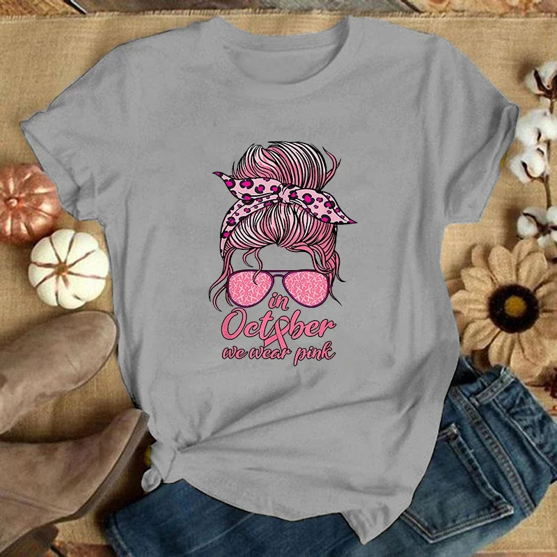 the MESSY BUN - Breast Cancer Printed T-Shirts, Summer Short Sleeve Tee Shirts Round Neck Casual Ladies Tops