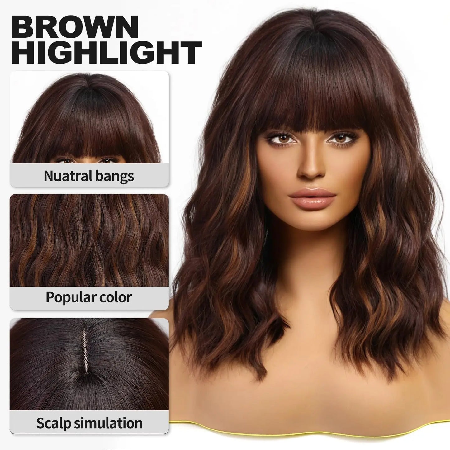 the WAVE BOB - Short Brown Highlight Wigs with Bangs, Natural Wavy Hair Wigs for Women, Heat Resistant Synthetic Bob Wig Shoulder Length