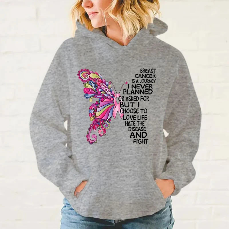 the INSPIRATIONAL BUTTERFLY - Breast Cancer Awareness Butterfly Printed Hoodie for Women