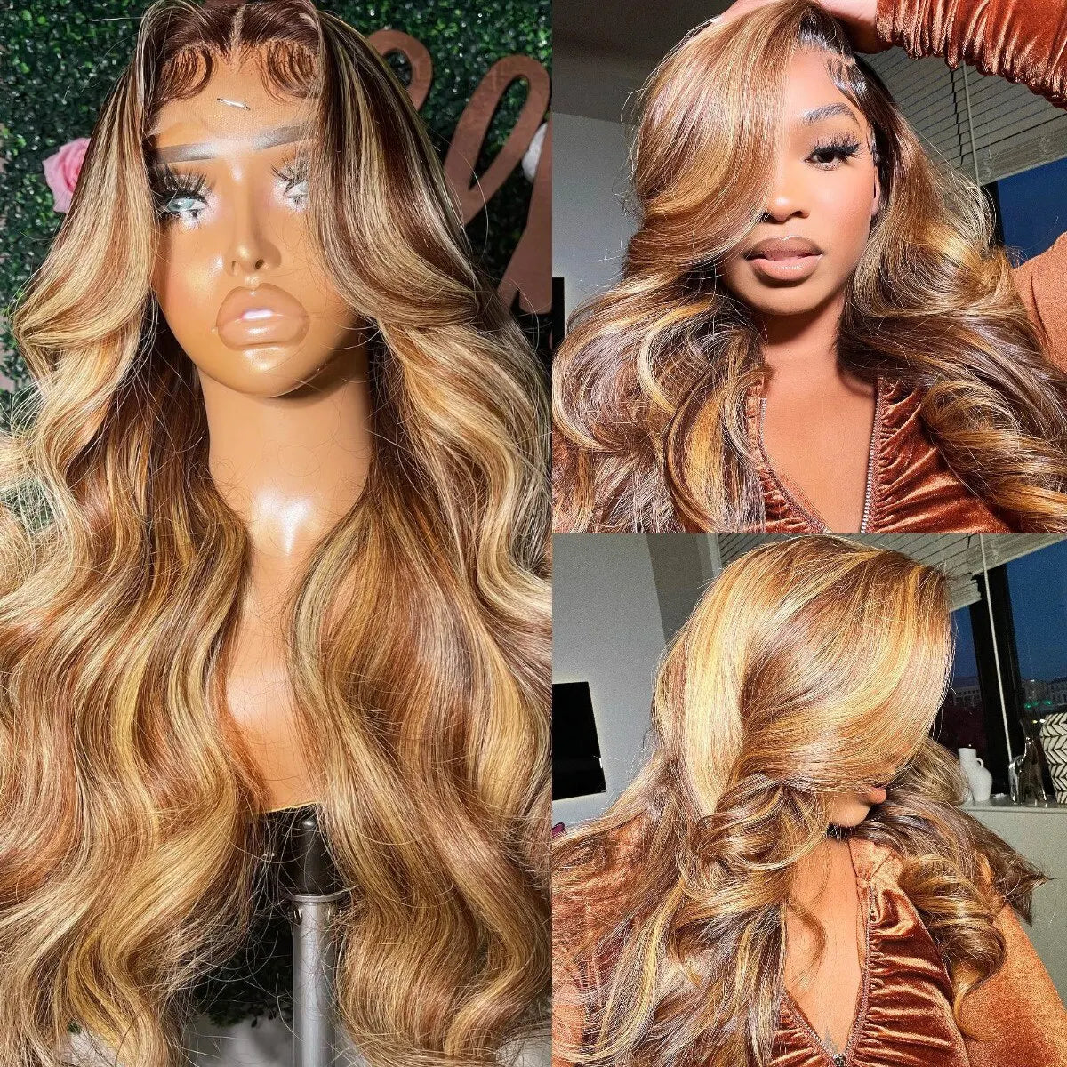 the BECKY - 13x6 Highlight Lace Frontal Wig, Human Hair Body Wave Ombre Colored Honey Blonde Lace Front Human Hair Wigs for Women Pre-Plucked