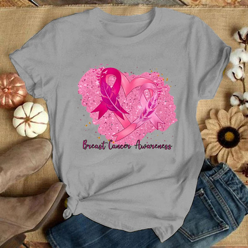 the GLITTER HEART - Breast Cancer Summer Graphic Casual Short Sleeve Round Neck T-Shirts
