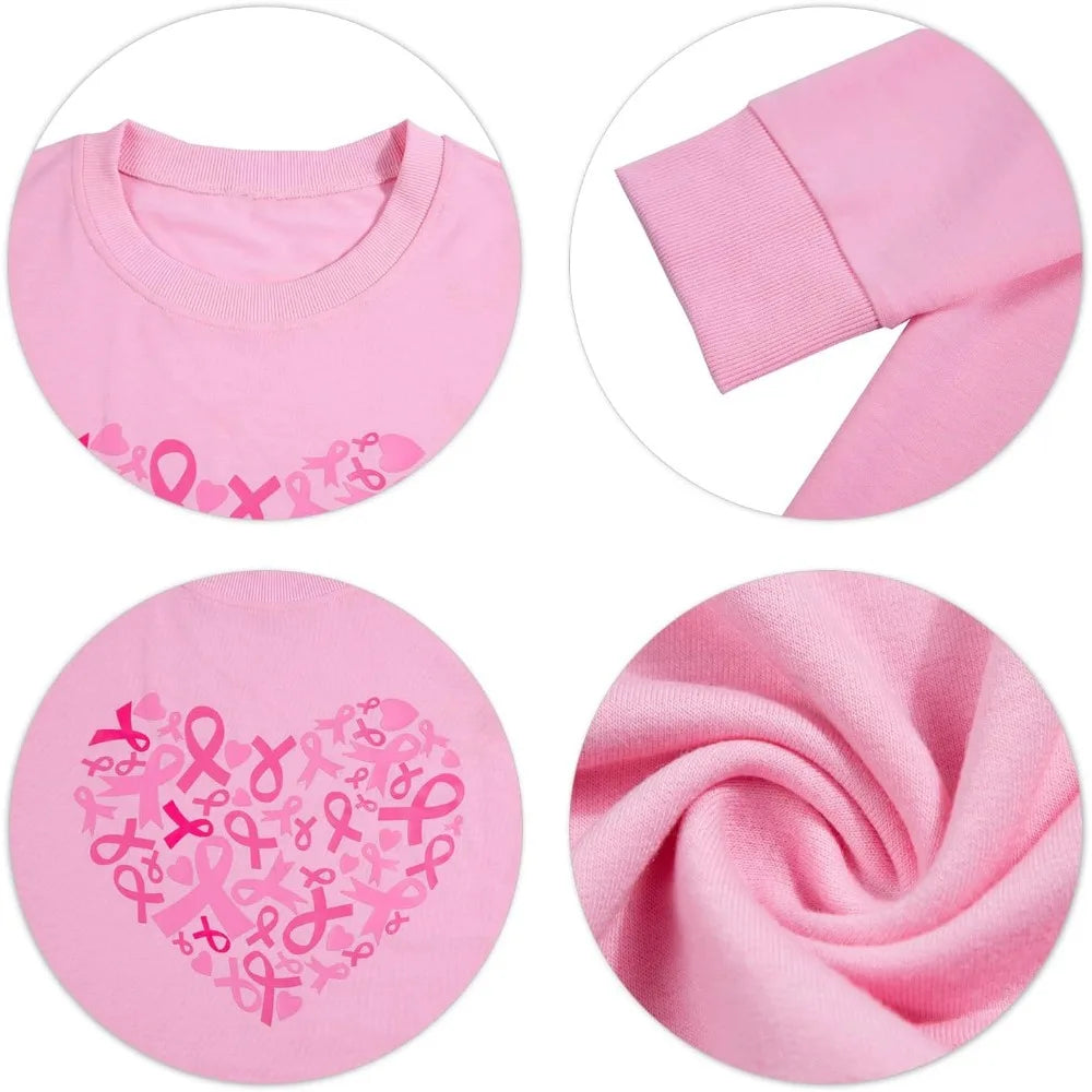 Breast Cancer Awareness Sweatshirt Women Pink Ribbon heart Graphic Shirt Casual Long Sleeve Pullover Blouse