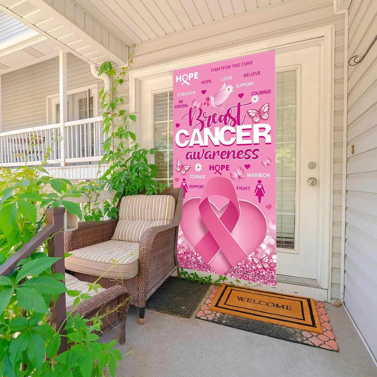 the BACKDROP - 1Pcs Breast Cancer Awareness Decorations Door Banner, Hope Strength Courage Faith Banners for Breast Cancer Awareness Decor