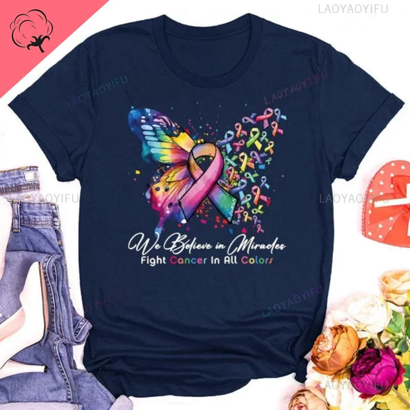 the MIRACLE BELIEVER - Cancer Warrior T-Shirt Butterfly Ribbon Graphic Tees