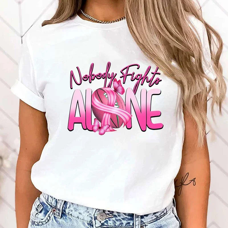 the NOONE FIGHTS ALONE - High Quality Breast Cancer Awareness Nobody Fights Alone Print T-Shirt for Women