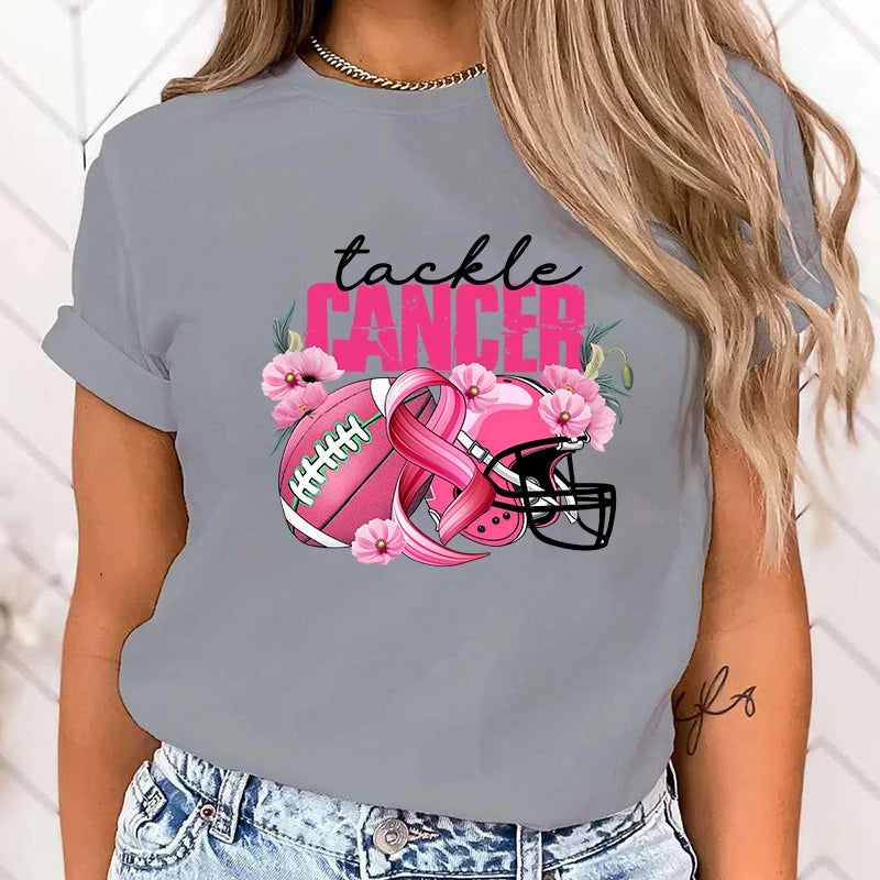 the TACKLE CANCER - Fashion Funny Breast Cancer Awareness Tackle Cancer Printed T-Shirts for Women