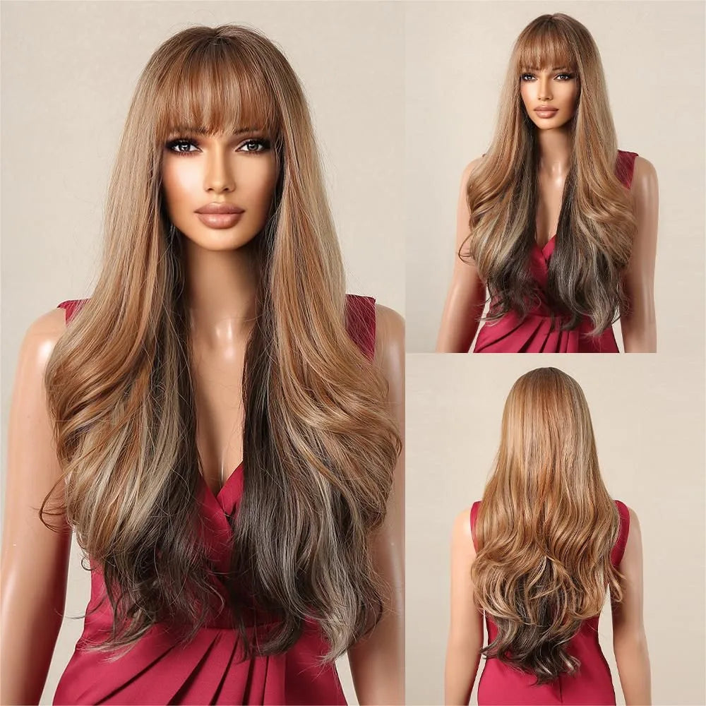 the MADELEINE - Ombre Honey Brown Synthetic Hair Wigs, Long Natural Body Wavy Wig with Bangs, Realistic Daily Party Soft Wig Heat Resistant Fiber