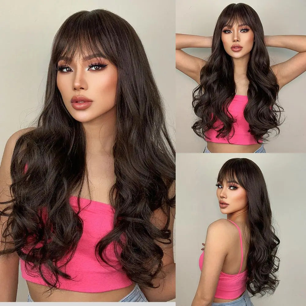 the MADELEINE - Ombre Honey Brown Synthetic Hair Wigs, Long Natural Body Wavy Wig with Bangs, Realistic Daily Party Soft Wig Heat Resistant Fiber