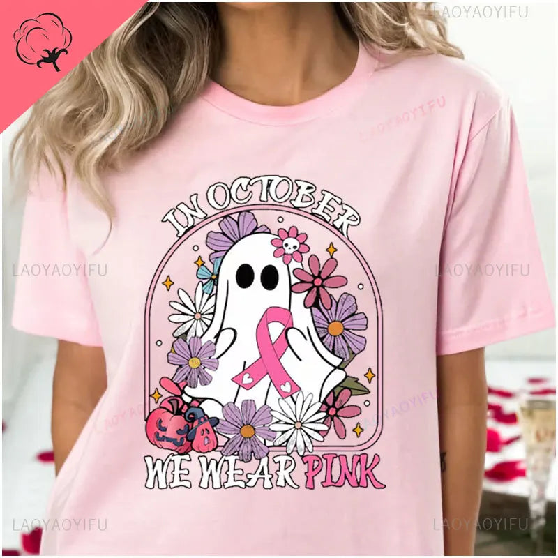 the OCTOBER COLLECTION - In October We Wear Pink Print T-Shirts Ghost Halloween Cute Pink Ghost Breast Cancer Awareness
