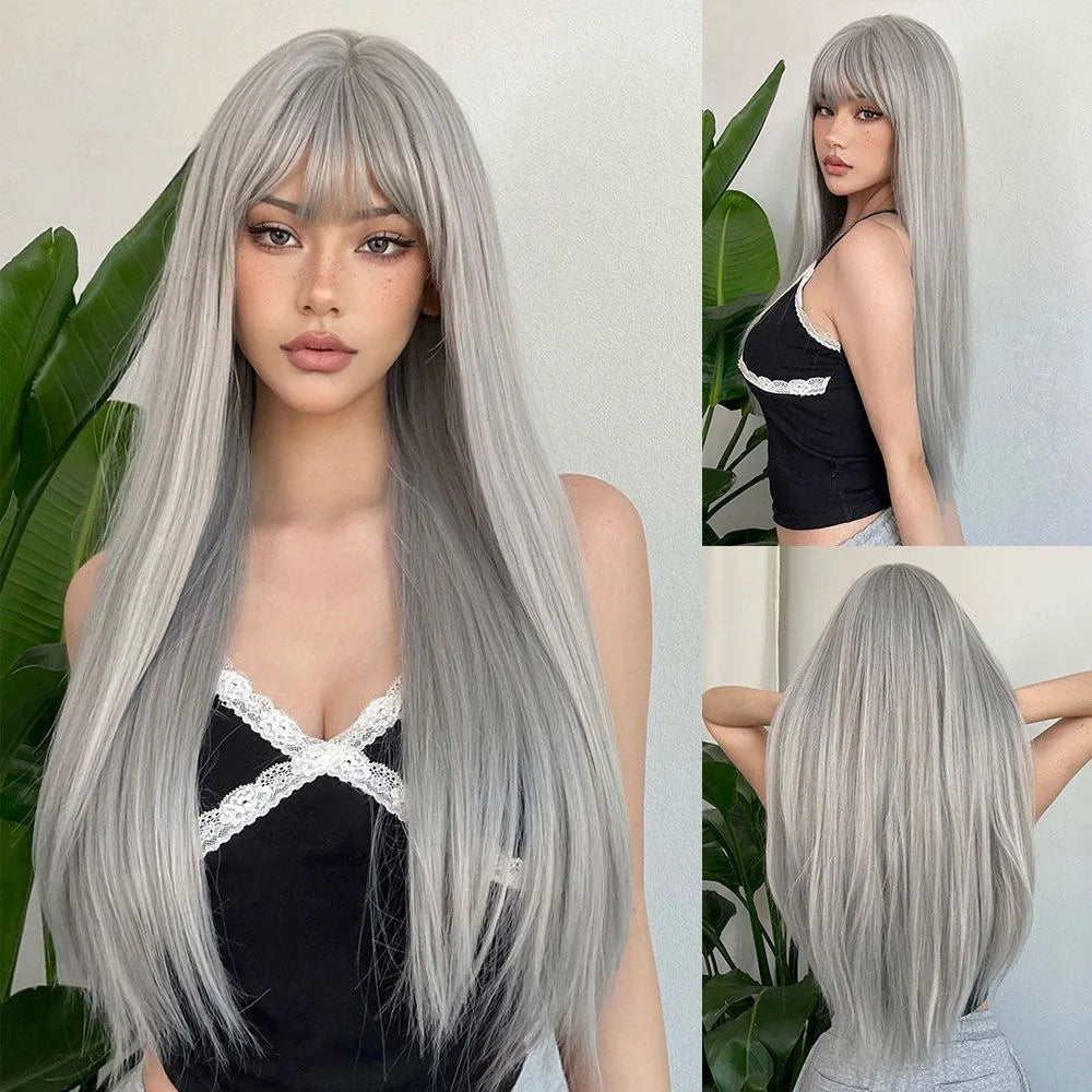 the PINK GIRL - Pink Long Straight Synthetic Wig, Air Fringe Daily Cosplay Party Heat Resistant Full Headgear