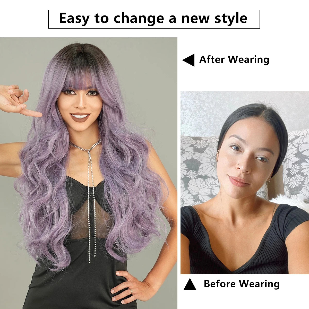 the GODDESS - Long Wavy Grey Purple Wig for Women, Cosplay Daily Party Overhead Dyeing Wavy Synthetic Heat-Resistant Wigs