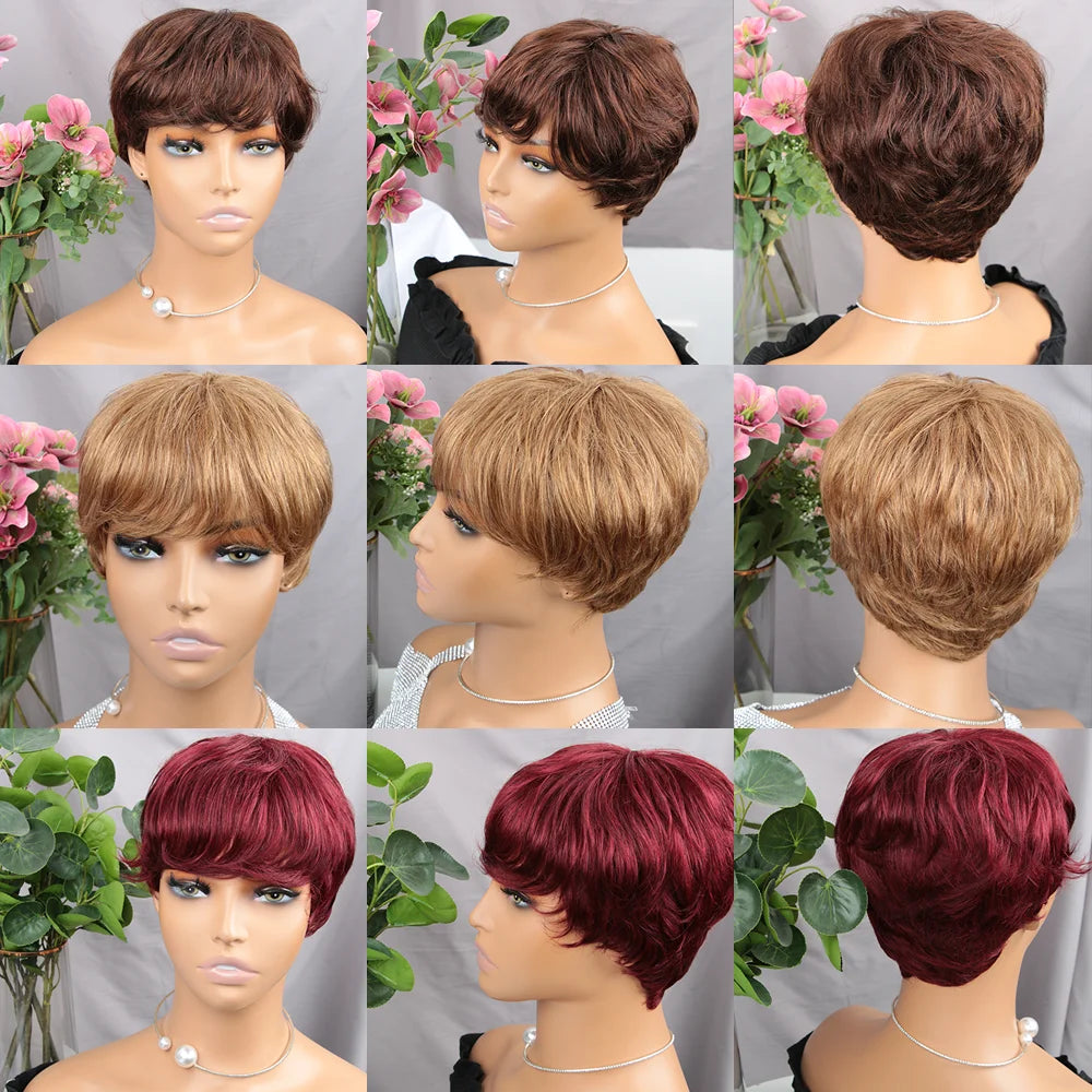 the PIXIE - Short Pixie Cut Wig, Human Hair for Women, Machine Made Wigs with Bangs, Colored Brazilian Wig Human Hair Wigs
