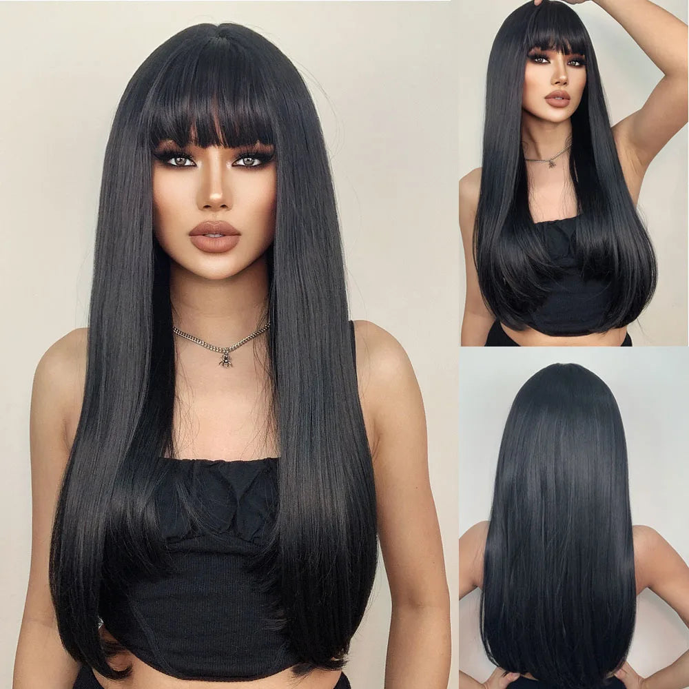 the MADELEINE - Ombre Honey Brown Synthetic Hair Wigs, Long Natural Body Wavy Wig with Bangs, Realistic Daily Party Soft Wig Heat Resistant Fiber