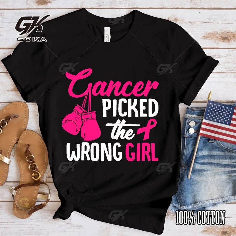 the WRONG GIRL - Breast Cancer Awareness Cancer Picked the Wrong Girl Printed T-Shirt