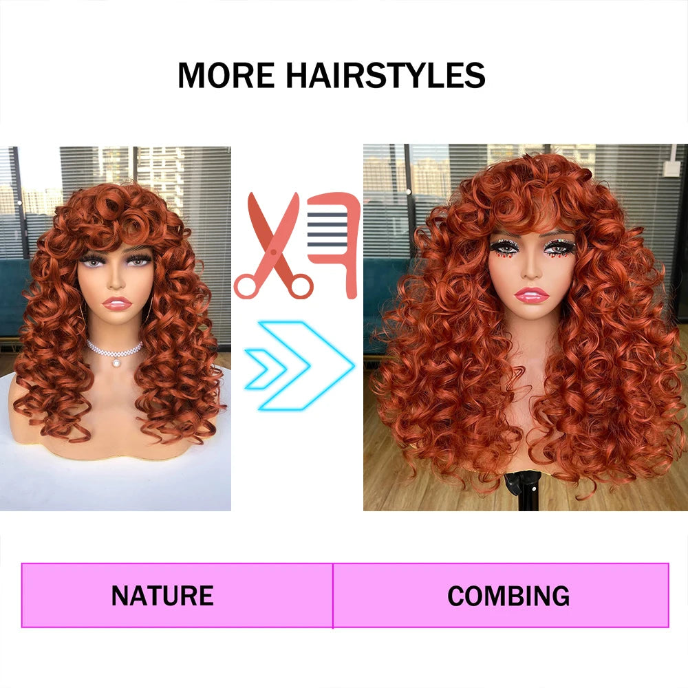 the CURLY SUE - Red Ginger Wig for Women, Long Curly Wave Wigs with Bangs, Copper Synthetic Wig, Natural Cosplay Party Heat Resistant Hair