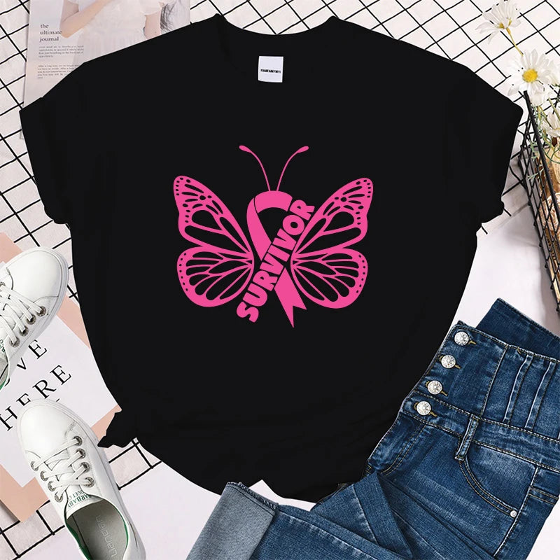 the SURVIVOR BUTTERFLY - Breast Cancer Awareness Survivor Butterfly Printed T-Shirt for Women