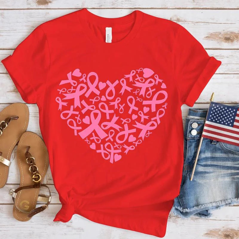 the RIBBON HEART - Breast Cancer Awareness Heart Print T-Shirt