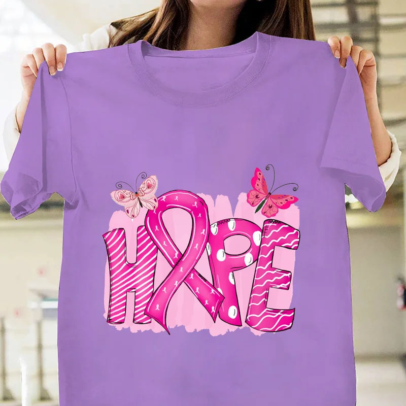 the HOPE BUTTERFLIES - Pink Breast Cancer Awareness Graphic Printed T-Shirt Breast Cancer Prevention Women's Round Neck Short Sleeve T-Shirt