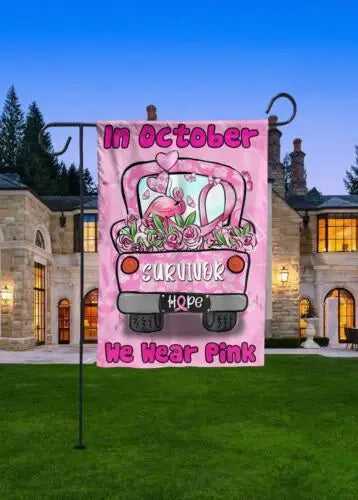 the PINK PICK-UP - Breast Cancer Awareness Flag, Breast Cancer Pink Ribbon Flag, In October We Wear Pink