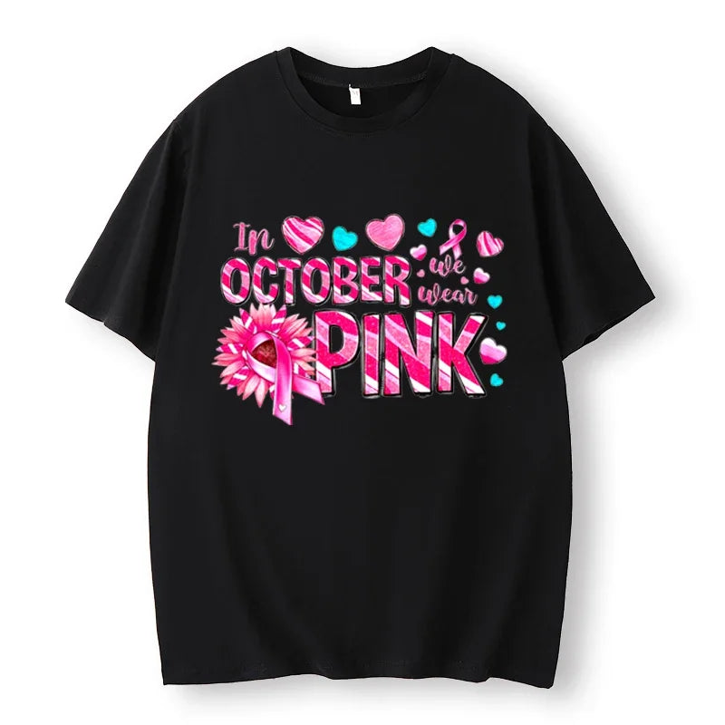 the OCTOBER PINK - In October We Wear Pink Short-Sleeved Shirts Pink Breast Cancer Awareness