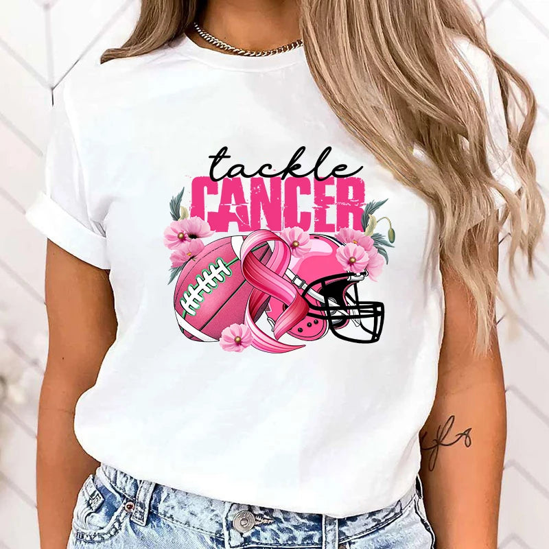 the TACKLE CANCER - Fashion Funny Breast Cancer Awareness Tackle Cancer Printed T-Shirts for Women