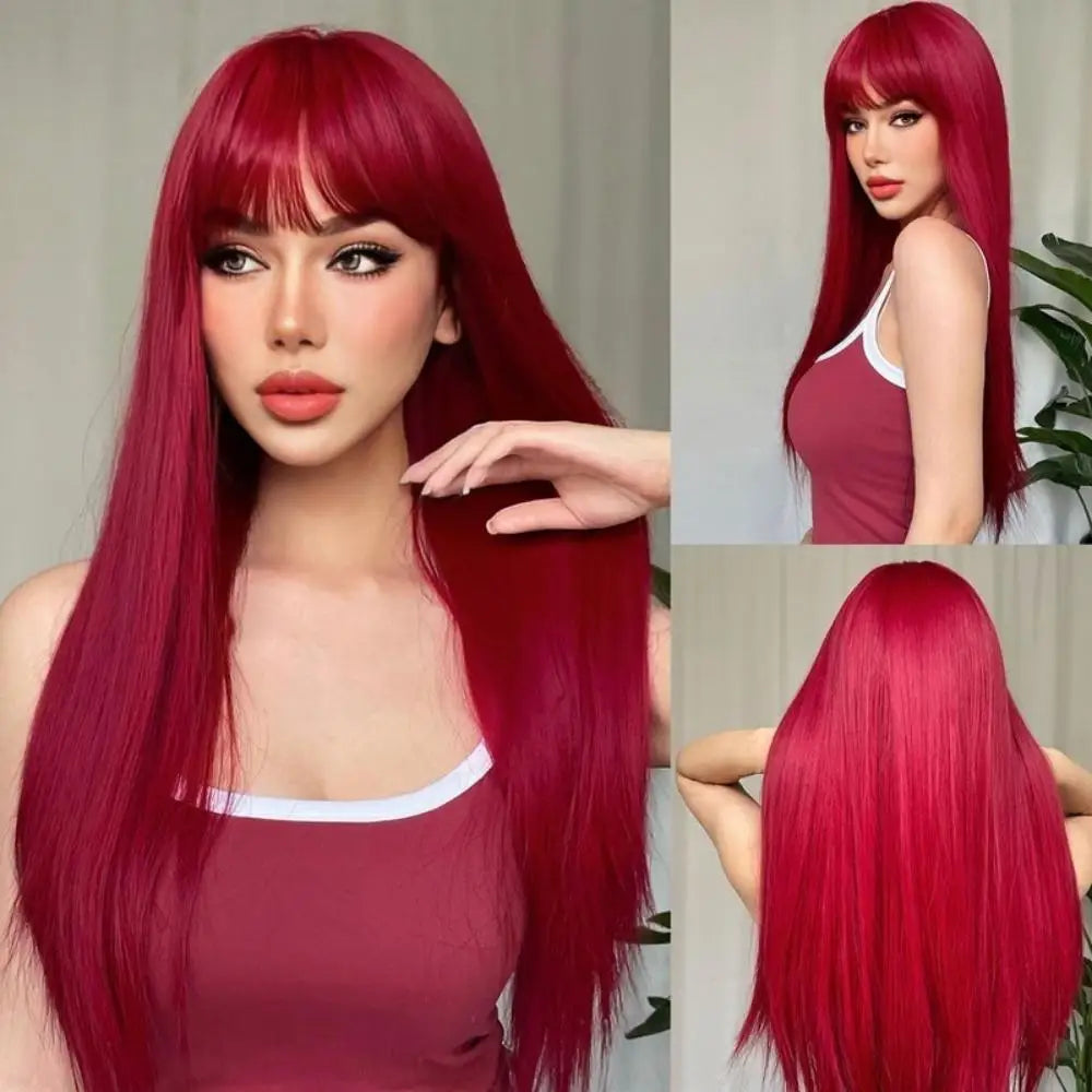 the HOT GIRL CLUB - Long Straight Synthetic Wigs, Air Bangs Natural Heat-Resistant Hair, Women Daily Halloween/Cosplay Party Full Head Cover