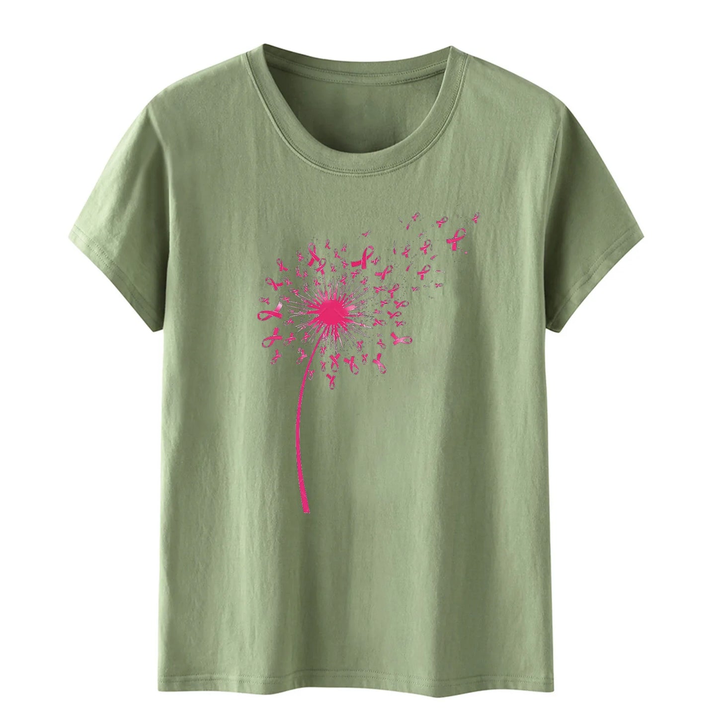 the RIBBON DANDELION - Pink Ribbon Dandelion Print Casual Tops for Women