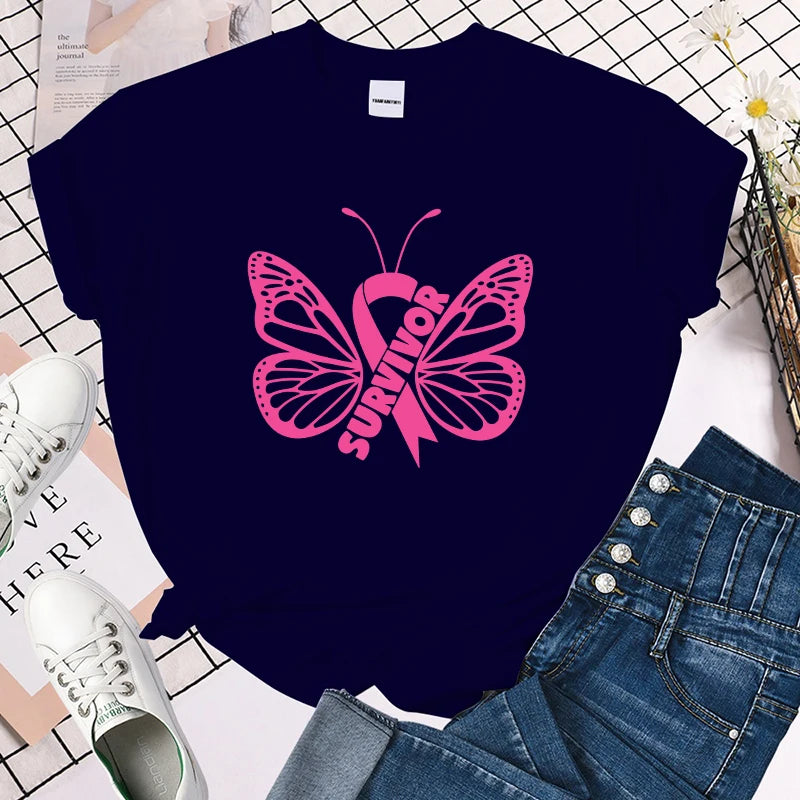 the SURVIVOR BUTTERFLY - Breast Cancer Awareness Survivor Butterfly Printed T-Shirt for Women