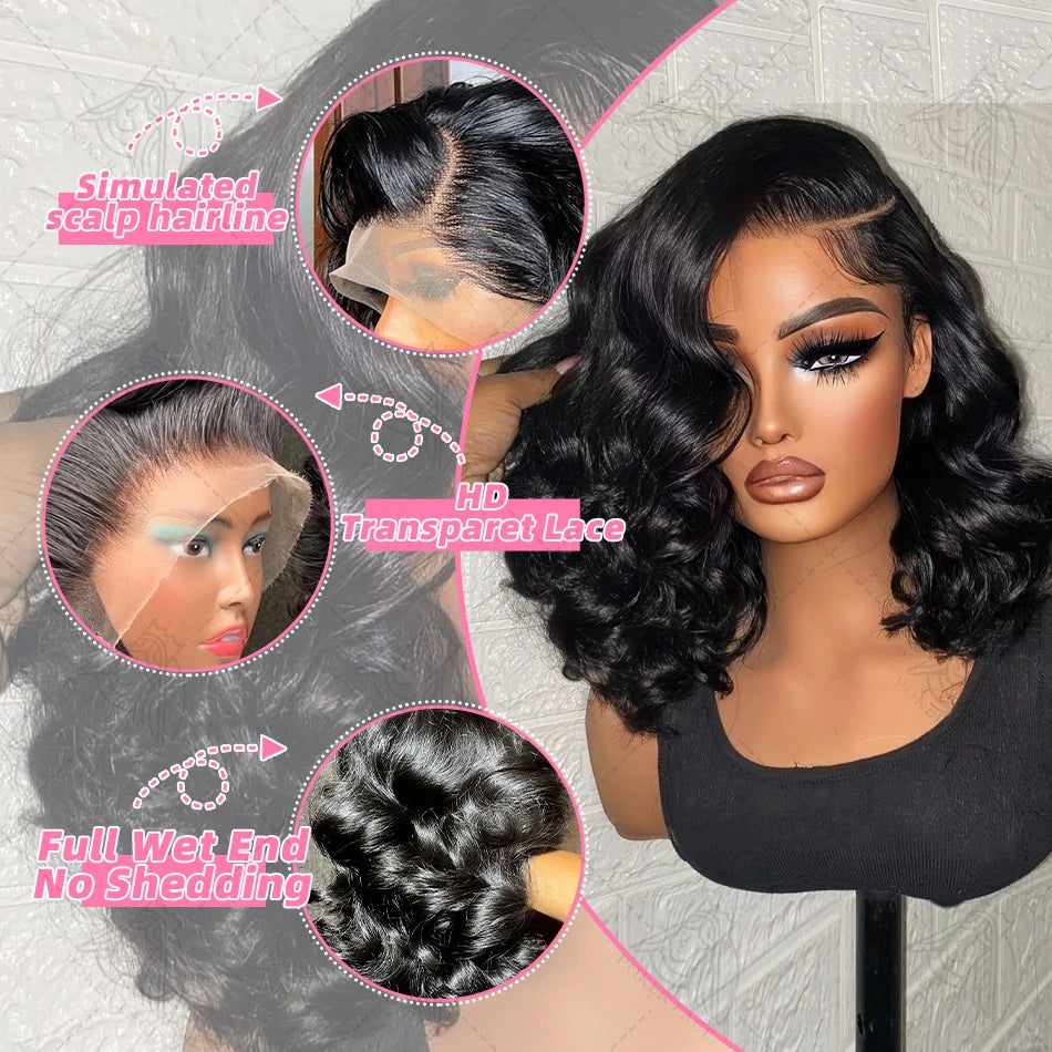 the BODY WAVE - Brazilian Body Wave Short Bob 13x4 13x6 HD Transparent Lace Front Human Hair Wigs, 5x5 High Density Pre-Plucked Lace Frontal Wig