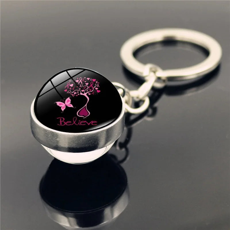 the RIBBON SPHERE - Pink Ribbon Breast Cancer Pendant Keychain