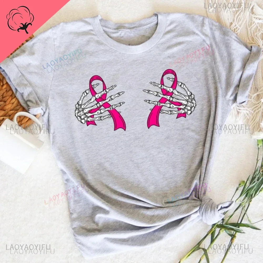 the SPOOKY HANDS - Skeleton Hands Pink Ribbon T-Shirt Breast Cancer Awareness