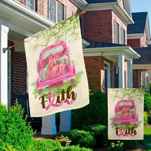 the THINK PINK - Breast Cancer Awareness Truck Pumpkin Faith Think Pink Ribbon Garden Flag